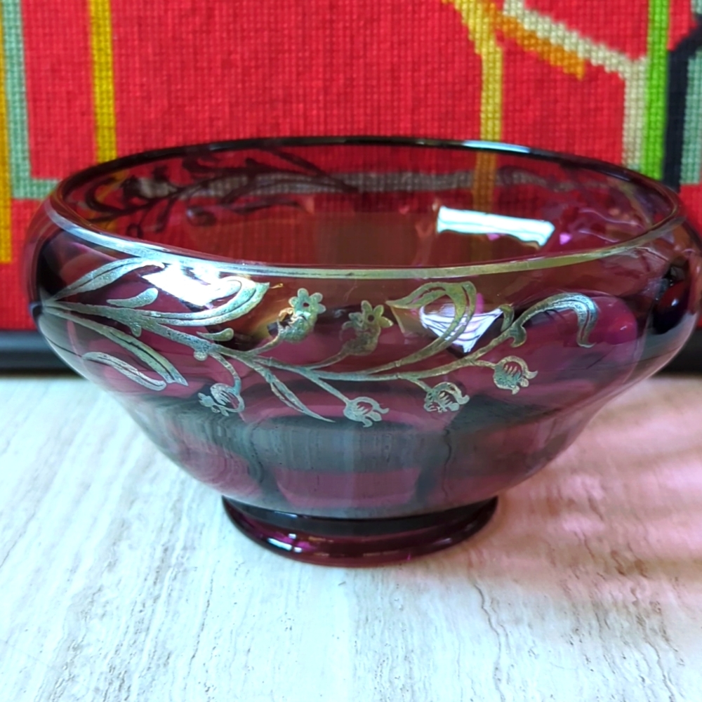Antique purple glass hand painted bowl